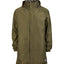 XTM Stash 2L 3/4 length rain jacket in Kalamata olive, front view with the hood up and drawcord toggles