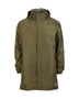 XTM Stash 2L 3/4 length rain jacket in Kalamata olive, front view with the hood up and drawcord toggles