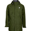 Khaki Green XTM Innisfail II 3-layer rain jacket, front view, zipped with the storm flap closed