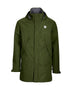 Khaki Green XTM Innisfail II 3-layer rain jacket, front view, zipped with the storm flap closed