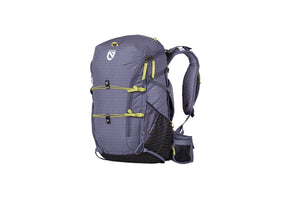 Nemo Persist women's pack in Blue Granite with lime cord lashing on the front