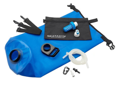 Katadyn BeFree Gravity kit laid out: water bag, filter, adapter ring, hose, strap and transport bag