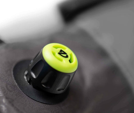 Close-up of the Nemo Fillo Elite valve with its lime green Nemo cap